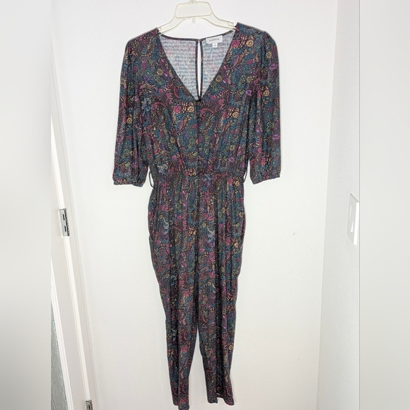 EVEREVE WOMENS floral Fall jumpsuit 3/4 ballon sleeves ockets cotton blend Small - Picture 3 of 15